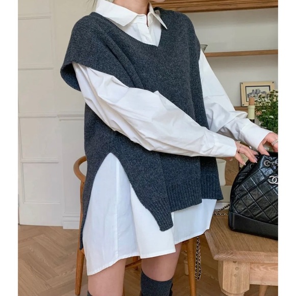 NWT South Korean Brand DEEPNY V-neck Dip Back Wool Blend Knot Vest Charcoal Gray - Picture 12 of 16